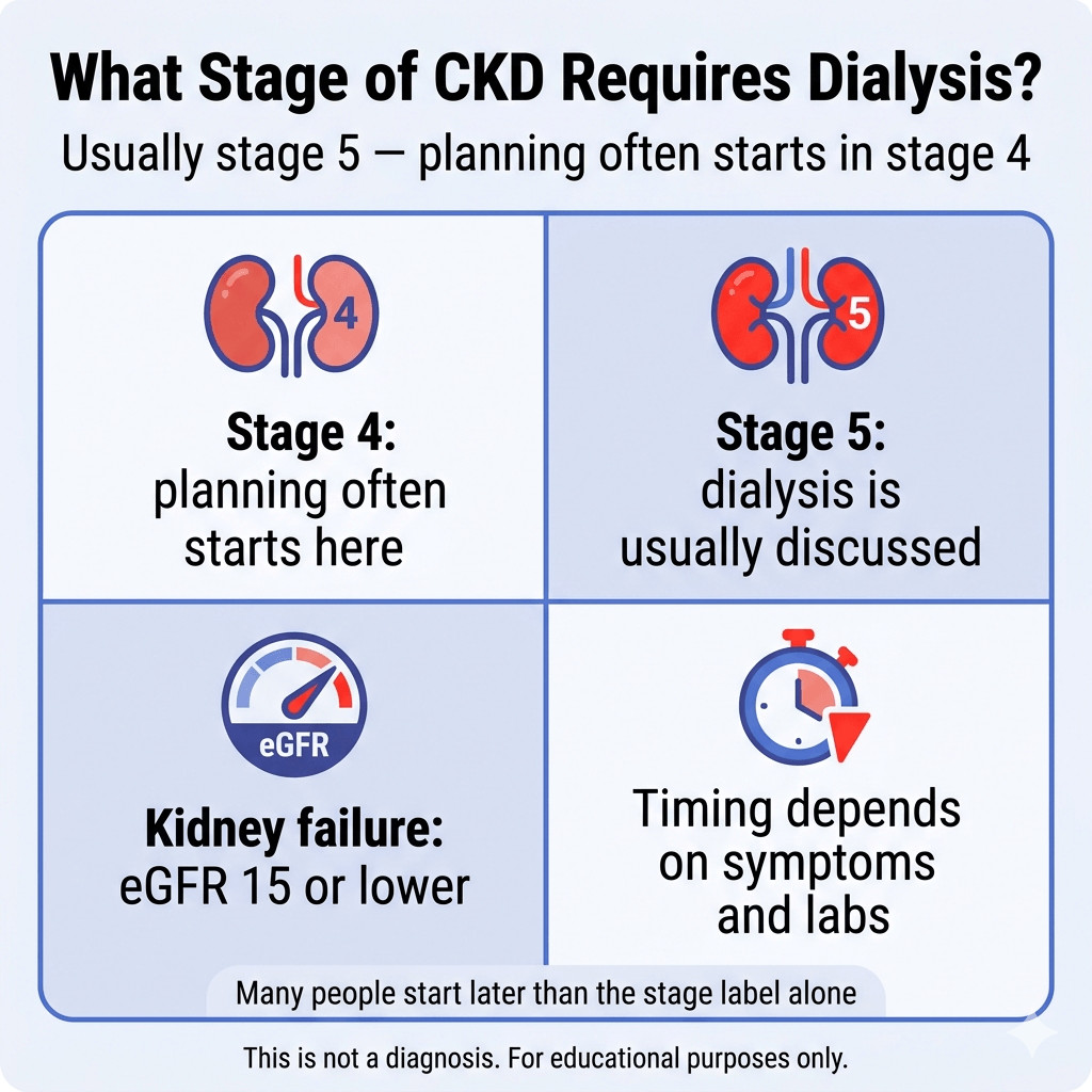 What Stage of CKD Requires Dialysis? 2 Infographic titled “What Stage of CKD Requires Dialysis?” with the subtitle “Usually stage 5 — planning often starts in stage 4.” A four-panel chart explains that Stage 4 is when dialysis planning often begins, Stage 5 is when dialysis is usually discussed, kidney failure is often defined as eGFR 15 or lower, and the exact timing depends on symptoms and lab results. A note adds that many people start later than the stage label alone suggests. Footer says: “This is not a diagnosis. For educational purposes only.”
