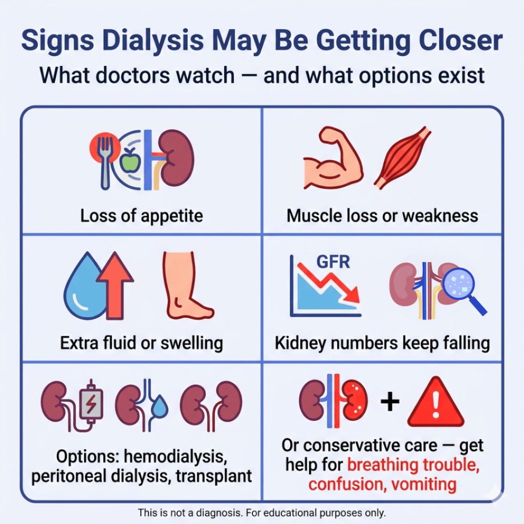 What Stage of CKD Requires Dialysis? 3 Infographic titled “Signs Dialysis May Be Getting Closer” with the subtitle “What doctors watch — and what options exist.” A six-panel grid lists warning signs and next steps for advanced CKD: loss of appetite, muscle loss or weakness, extra fluid or swelling, and kidney numbers that keep falling. It also notes treatment options such as hemodialysis, peritoneal dialysis, and transplant, and says conservative care may also be considered. A warning highlights urgent symptoms including breathing trouble, confusion, and vomiting. Footer says: “This is not a diagnosis. For educational purposes only.”