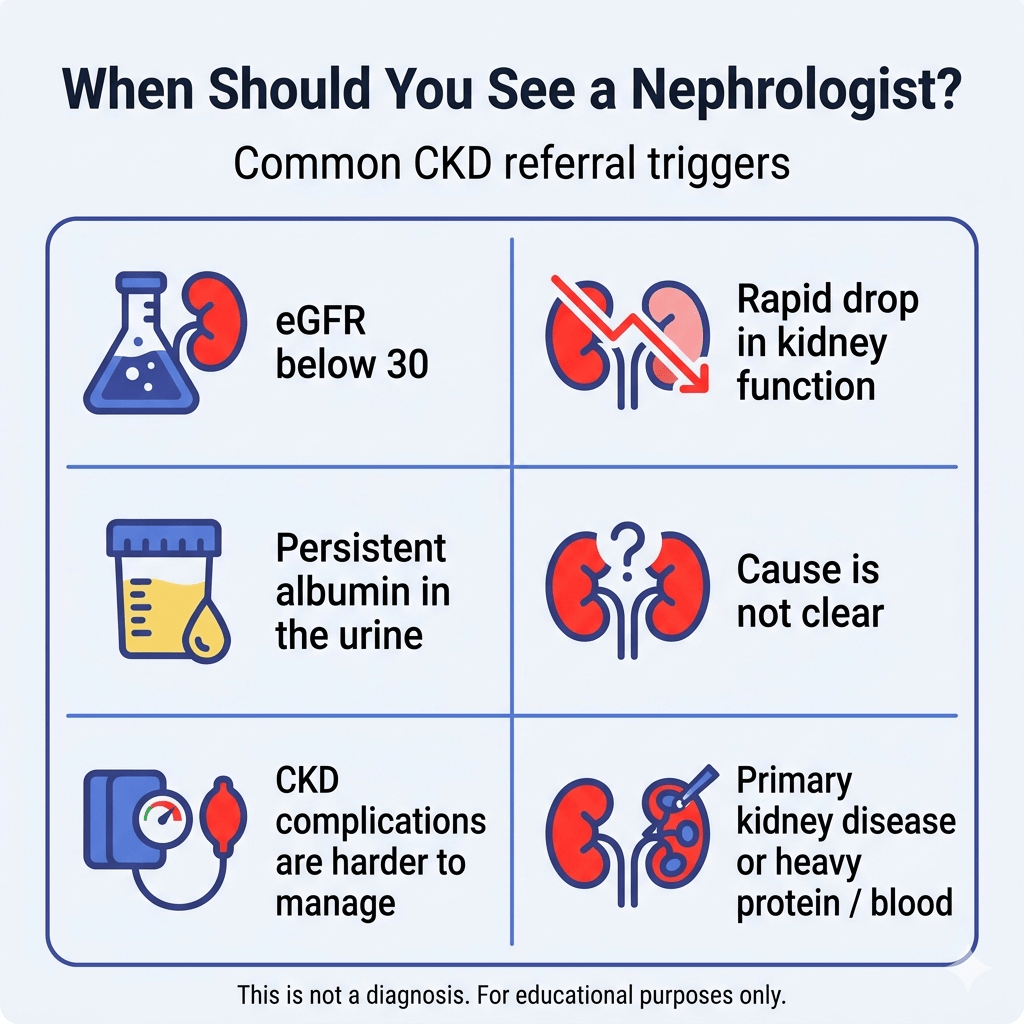 When Should You See a Nephrologist for CKD? 2 Infographic titled “When Should You See a Nephrologist? Common CKD referral triggers” showing six reasons for referral in a 2-column grid: eGFR below 30, rapid drop in kidney function, persistent albumin in the urine, cause is not clear, CKD complications are harder to manage, and primary kidney disease or heavy protein or blood in the urine. A note at the bottom says: “This is not a diagnosis. For educational purposes only.”