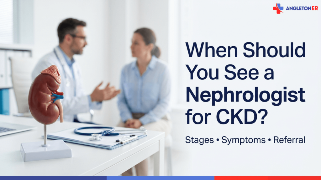 Promotional graphic for Angleton ER showing a kidney model in the foreground and a blurred doctor speaking with a patient in an exam room, with the headline: “When Should You See a Nephrologist for CKD? Stages • Symptoms • Referral.”