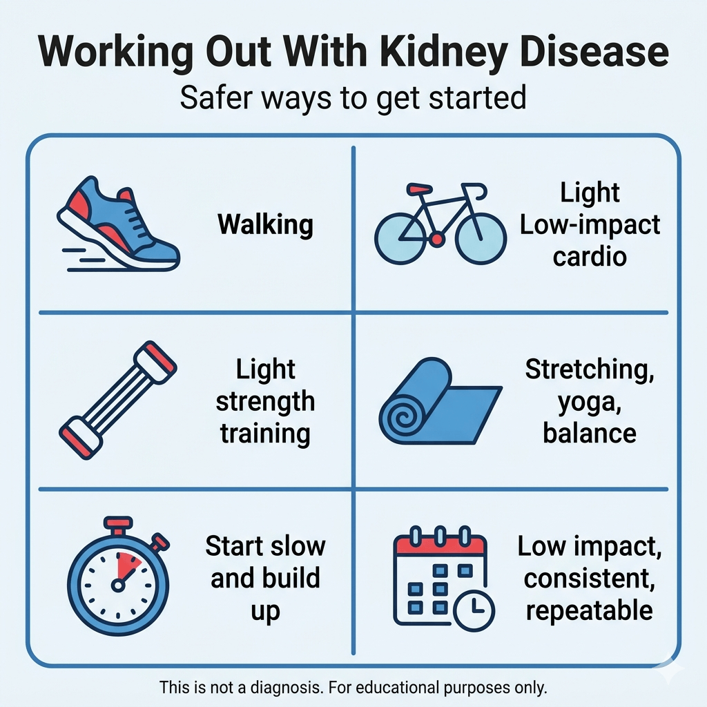 Working Out With Kidney Disease: What Is Safe? 2 Infographic titled “Working Out With Kidney Disease” with the subtitle “Safer ways to get started.” A six-panel grid shows kidney-friendly exercise ideas: walking, light low-impact cardio such as cycling, light strength training, stretching or yoga for balance, starting slow and building up, and choosing low-impact, consistent, repeatable routines. Footer says: “This is not a diagnosis. For educational purposes only.”