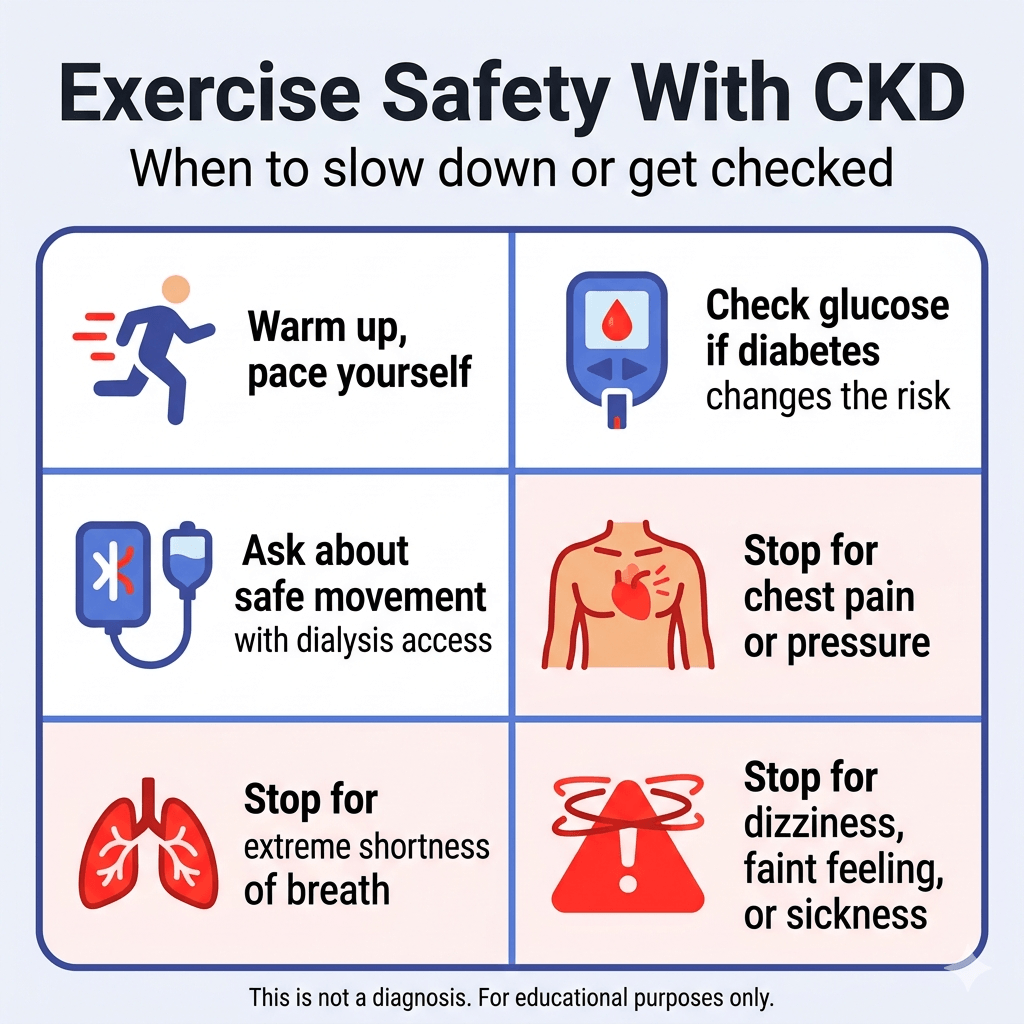 Working Out With Kidney Disease: What Is Safe? 3 Infographic titled “Exercise Safety With CKD” with the subtitle “When to slow down or get checked.” A six-panel grid gives exercise safety tips for people with chronic kidney disease: warm up and pace yourself, check glucose if you have diabetes, ask about safe movement if you have dialysis access, stop for chest pain or pressure, stop for extreme shortness of breath, and stop for dizziness, faint feeling, or sickness. Footer says: “This is not a diagnosis. For educational purposes only.”