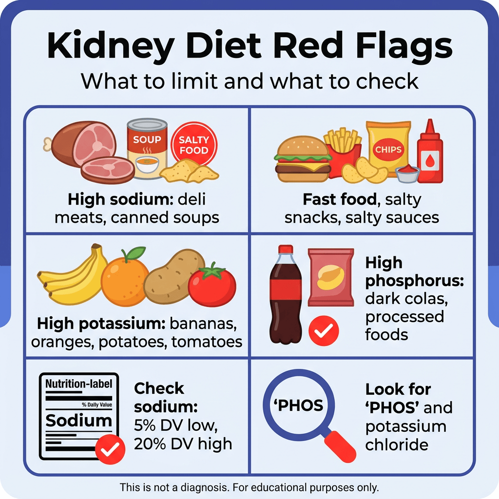 Printable Kidney Diet Food List 3 Infographic titled “Kidney Diet Red Flags” with subtitle “What to limit and what to check.” A six-panel grid highlights kidney diet concerns: high-sodium foods such as deli meats and canned soups; fast food, salty snacks, and salty sauces; high-potassium foods including bananas, oranges, potatoes, and tomatoes; high-phosphorus items like dark colas and processed foods; checking sodium on nutrition labels, with 5% daily value considered low and 20% high; and looking for ingredients containing “PHOS” and potassium chloride. Small text at the bottom says, “This is not a diagnosis. For educational purposes only.”