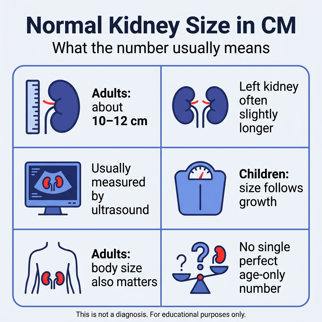 Normal Kidney Size in CM by Age 2 Infographic titled “Normal Kidney Size in CM” with subtitle “What the number usually means.” A six-panel grid explains that adult kidneys are usually about 10–12 cm long, the left kidney is often slightly longer, kidney size is usually measured by ultrasound, children’s kidney size follows growth, adult body size also matters, and there is no single perfect age-only number. Small text at the bottom says, “This is not a diagnosis. For educational purposes only.”