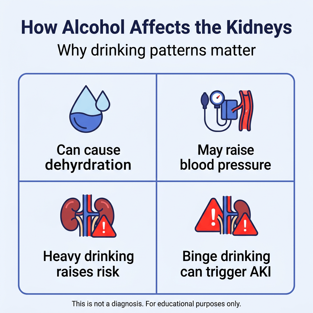 Does Alcohol Affect Your Kidneys? 2 Infographic titled “How Alcohol Affects the Kidneys: Why drinking patterns matter.” A four-panel grid explains that alcohol can cause dehydration, may raise blood pressure, increases kidney risk with heavy drinking, and that binge drinking can trigger acute kidney injury (AKI). Small text at the bottom says, “This is not a diagnosis. For educational purposes only.”
