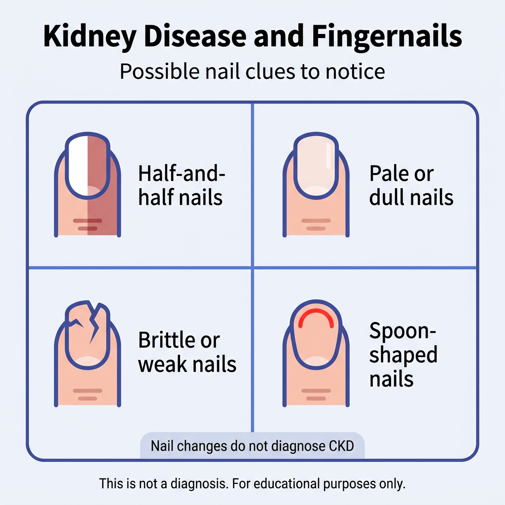 Kidney Disease and Fingernails: Signs to Know 2 Infographic titled “Kidney Disease and Fingernails” with subtitle “Possible nail clues to notice.” A four-panel grid shows possible nail changes associated with kidney disease: half-and-half nails, pale or dull nails, brittle or weak nails, and spoon-shaped nails. A note inside the graphic says, “Nail changes do not diagnose CKD.” Small text at the bottom says, “This is not a diagnosis. For educational purposes only.”