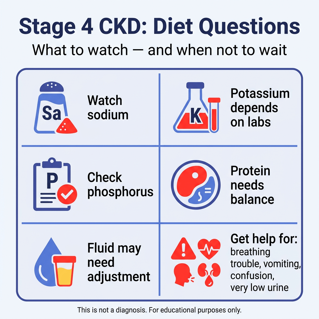 Stage 4 Chronic Kidney Disease: Meaning, Symptoms, and Diet Questions 3 Infographic titled “Stage 4 CKD: Diet Questions” with subtitle “What to watch — and when not to wait.” A six-panel grid highlights key diet considerations for Stage 4 chronic kidney disease: watch sodium, potassium depends on lab results, check phosphorus, protein needs balance, and fluid may need adjustment. The final panel lists urgent warning signs to get help for: breathing trouble, vomiting, confusion, or very low urine. Small text at the bottom says, “This is not a diagnosis. For educational purposes only.”