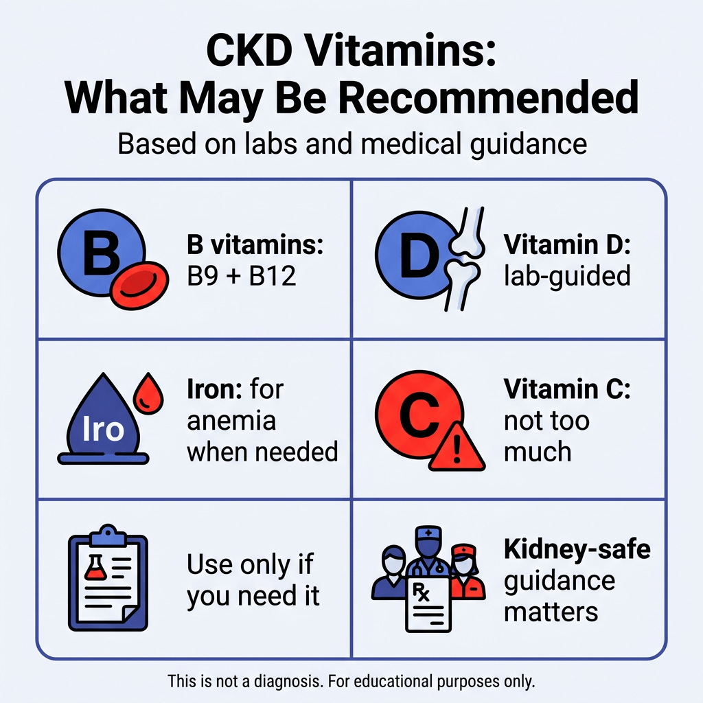 Chronic Kidney Disease Vitamins: What Is Safe and What to Avoid 2 Infographic titled “CKD Vitamins: What May Be Recommended” with subtitle “Based on labs and medical guidance.” A six-panel grid explains common vitamin and supplement guidance for chronic kidney disease: B vitamins such as B9 and B12, vitamin D based on lab results, iron for anemia when needed, vitamin C in limited amounts, using supplements only if needed, and the importance of kidney-safe medical guidance. Small text at the bottom says, “This is not a diagnosis. For educational purposes only.”