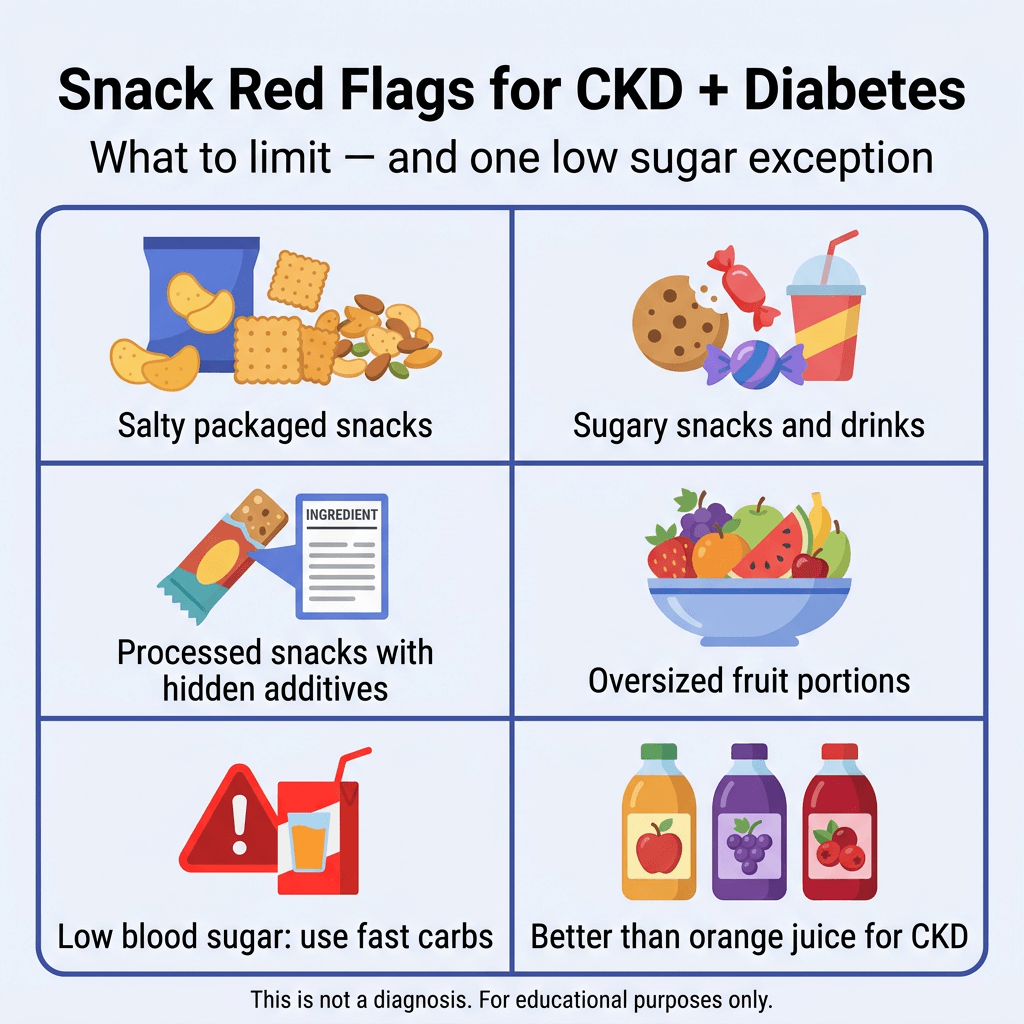 Snacks for CKD and Diabetes 3 Infographic titled “Snack Red Flags for CKD + Diabetes” with subtitle “What to limit — and one low sugar exception.” A six-panel grid highlights snack concerns: salty packaged snacks, sugary snacks and drinks, processed snacks with hidden additives, oversized fruit portions, and using fast-acting carbs for low blood sugar. The final panel notes that some juices may be a better low-blood-sugar option than orange juice for people with CKD. Small text at the bottom says, “This is not a diagnosis. For educational purposes only.”