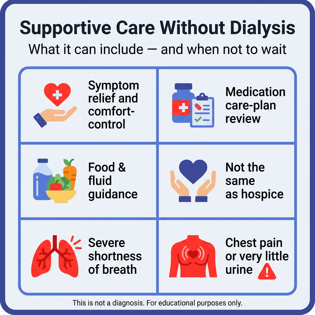 Stage 5 Kidney Failure Life Expectancy Without Dialysis 3 Infographic titled “Supportive Care Without Dialysis: What it can include — and when not to wait.” A six-panel grid explains supportive care options and urgent warning signs. Panels show symptom relief and comfort control, medication care-plan review, food and fluid guidance, and that supportive care is not the same as hospice. The bottom panels highlight urgent symptoms: severe shortness of breath and chest pain or very little urine. Small text at the bottom says, “This is not a diagnosis. For educational purposes only.”