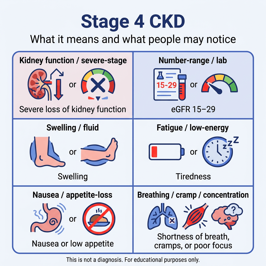 Stage 4 Chronic Kidney Disease: Meaning, Symptoms, and Diet Questions 2 Infographic titled “Stage 4 CKD” with subtitle “What it means and what people may notice.” A six-panel grid explains that Stage 4 chronic kidney disease involves severe loss of kidney function, with an eGFR range of 15–29. Other panels list common symptoms or effects: swelling, tiredness, nausea or low appetite, and shortness of breath, cramps, or poor focus. Small text at the bottom says, “This is not a diagnosis. For educational purposes only.”