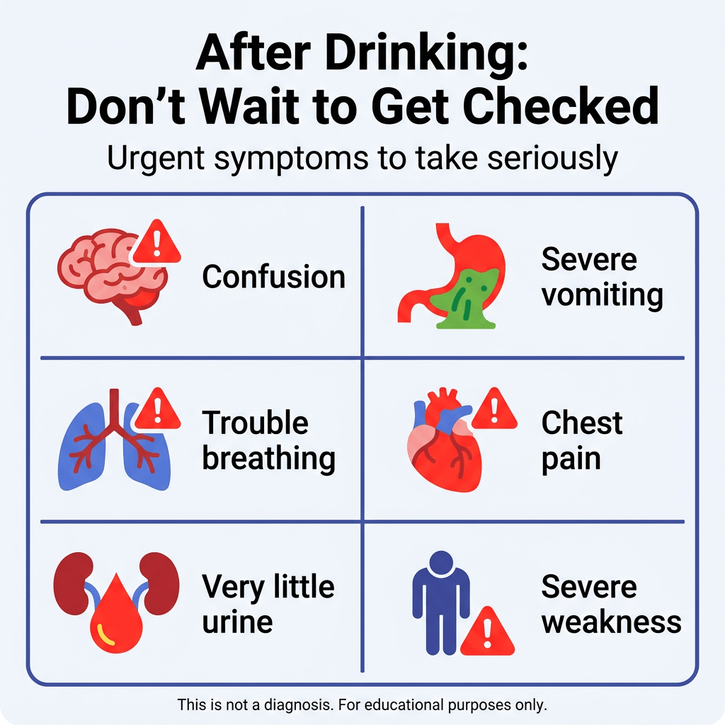 Does Alcohol Affect Your Kidneys? 3 Infographic titled “After Drinking: Don’t Wait to Get Checked” with subtitle “Urgent symptoms to take seriously.” A six-panel grid lists warning signs after drinking: confusion, severe vomiting, trouble breathing, chest pain, very little urine, and severe weakness, each shown with a matching medical icon. Small text at the bottom says, “This is not a diagnosis. For educational purposes only.”