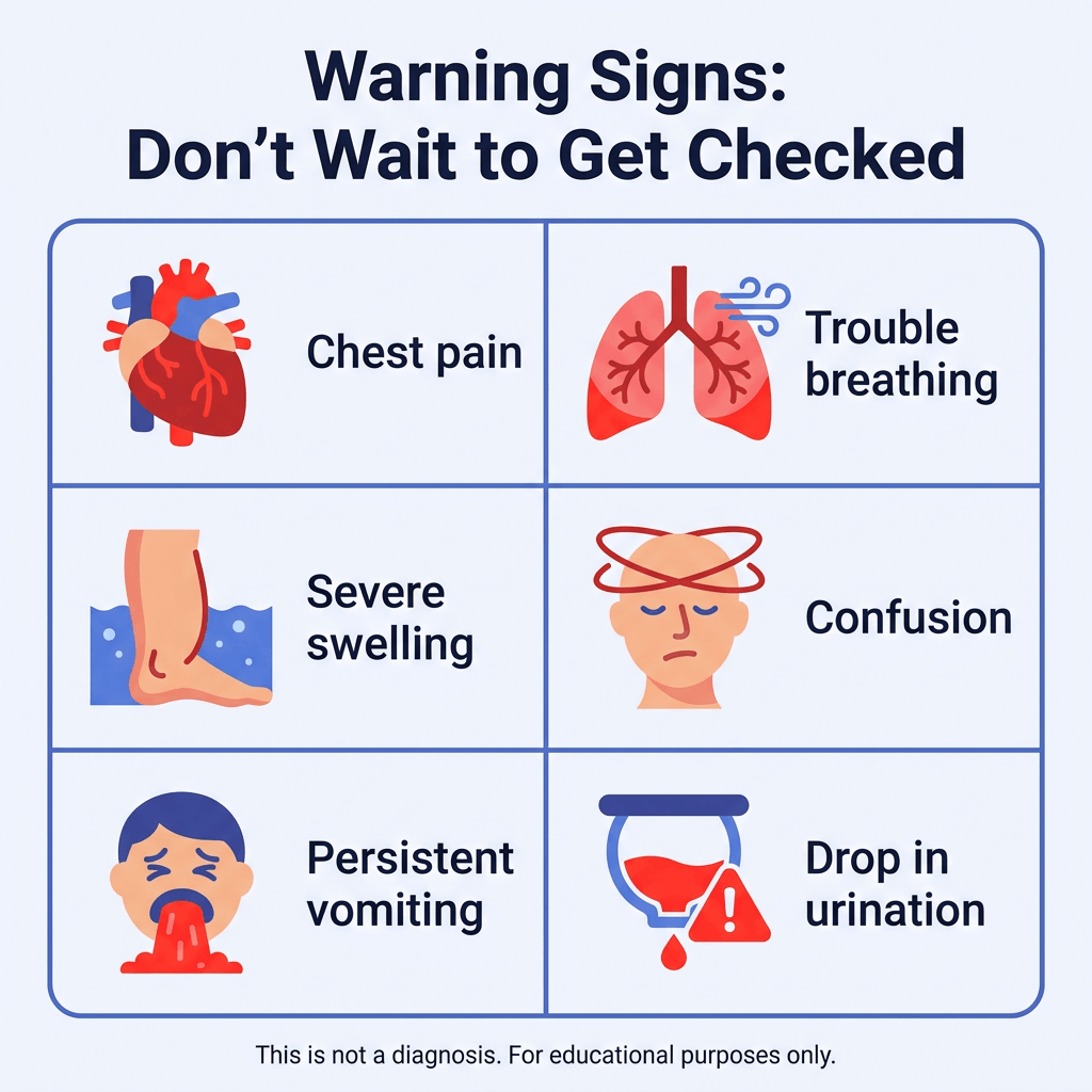 Stage 3 Chronic Kidney Disease: What It Means, Symptoms, and Next Steps 3 Infographic titled “Warning Signs: Don’t Wait to Get Checked” showing six medical warning signs in a 2-column grid with icons: chest pain, trouble breathing, severe swelling, confusion, persistent vomiting, and drop in urination. Small text at the bottom says, “This is not a diagnosis. For educational purposes only.”