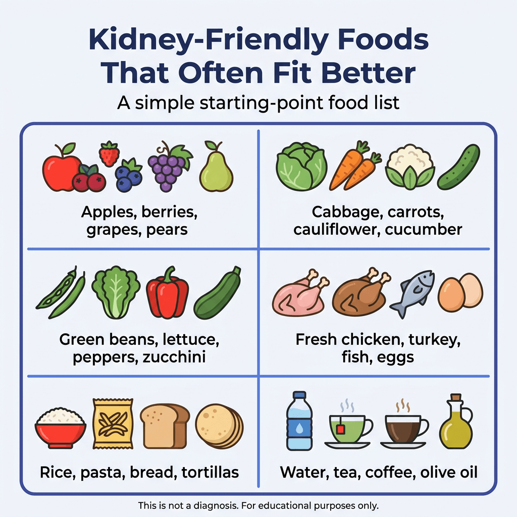 Printable Kidney Diet Food List 2 Infographic titled “Kidney-Friendly Foods That Often Fit Better” with subtitle “A simple starting-point food list.” A six-panel grid shows kidney-friendly food examples: apples, berries, grapes, and pears; cabbage, carrots, cauliflower, and cucumber; green beans, lettuce, peppers, and zucchini; fresh chicken, turkey, fish, and eggs; rice, pasta, bread, and tortillas; and water, tea, coffee, and olive oil. Small text at the bottom says, “This is not a diagnosis. For educational purposes only.”