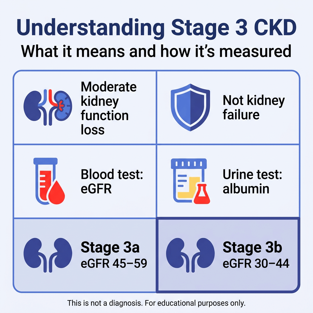 Stage 3 Chronic Kidney Disease: What It Means, Symptoms, and Next Steps 2 Infographic titled “Understanding Stage 3 CKD: What it means and how it’s measured.” A six-panel grid explains that Stage 3 chronic kidney disease involves moderate kidney function loss, is not kidney failure, and is measured with a blood test for eGFR and a urine test for albumin. The bottom panels show Stage 3a as eGFR 45–59 and Stage 3b as eGFR 30–44. Small text at the bottom says, “This is not a diagnosis. For educational purposes only.”