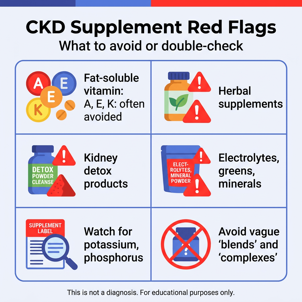 Chronic Kidney Disease Vitamins: What Is Safe and What to Avoid 3 Infographic titled “CKD Supplement Red Flags” with subtitle “What to avoid or double-check.” A six-panel grid highlights supplement concerns for chronic kidney disease: fat-soluble vitamins A, E, and K are often avoided; herbal supplements; kidney detox products; electrolyte, greens, and mineral powders; checking labels for potassium and phosphorus; and avoiding vague supplement “blends” or “complexes.” Small text at the bottom says, “This is not a diagnosis. For educational purposes only.”