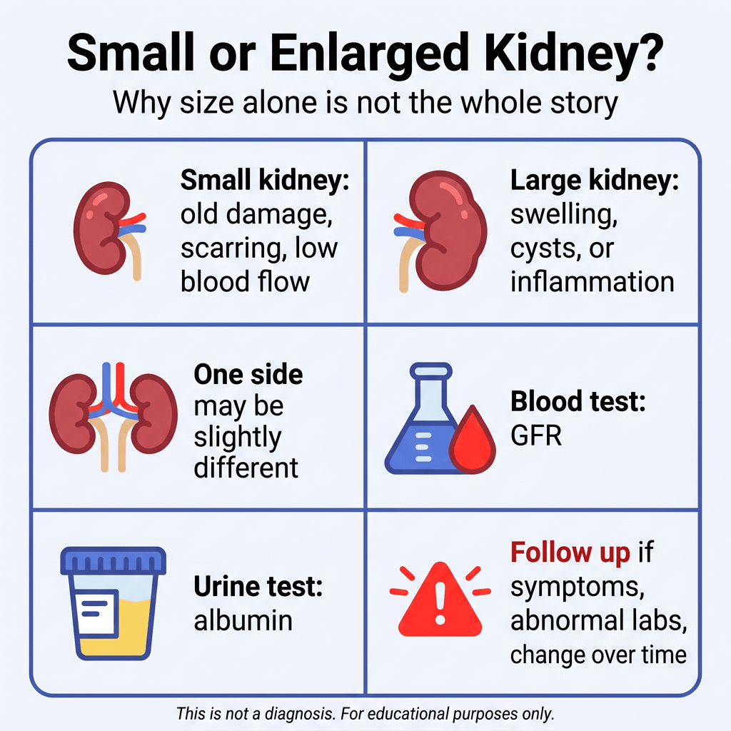 Normal Kidney Size in CM by Age 3 Infographic titled “Small or Enlarged Kidney?” with subtitle “Why size alone is not the whole story.” A six-panel grid explains that a small kidney may suggest old damage, scarring, or low blood flow, while a large kidney may point to swelling, cysts, or inflammation. It also notes that one kidney can be slightly different from the other, and that evaluation may include a blood test for GFR and a urine test for albumin. The final panel advises follow-up if there are symptoms, abnormal lab results, or changes over time. Small text at the bottom says, “This is not a diagnosis. For educational purposes only.”