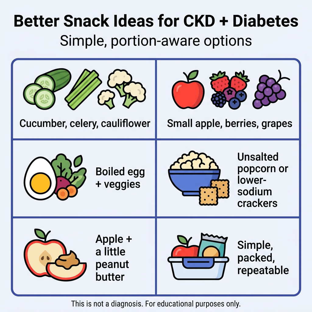 Snacks for CKD and Diabetes 2 Infographic titled “Better Snack Ideas for CKD + Diabetes” with subtitle “Simple, portion-aware options.” A six-panel grid shows snack suggestions: cucumber, celery, and cauliflower; a small apple, berries, and grapes; a boiled egg with vegetables; unsalted popcorn or lower-sodium crackers; apple with a small amount of peanut butter; and simple packed snacks that are easy to repeat. Small text at the bottom says, “This is not a diagnosis. For educational purposes only.”