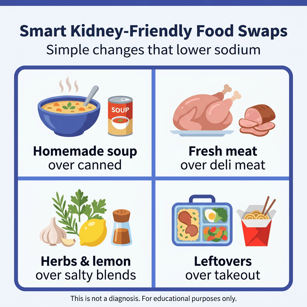 7-Day Meal Plan for Kidney Disease 3 Infographic titled “Smart Kidney-Friendly Food Swaps: Simple changes that lower sodium.” A four-panel grid shows lower-sodium food substitutions: homemade soup instead of canned soup, fresh meat instead of deli meat, herbs and lemon instead of salty seasoning blends, and leftovers instead of takeout. Small text at the bottom says, “This is not a diagnosis. For educational purposes only.”