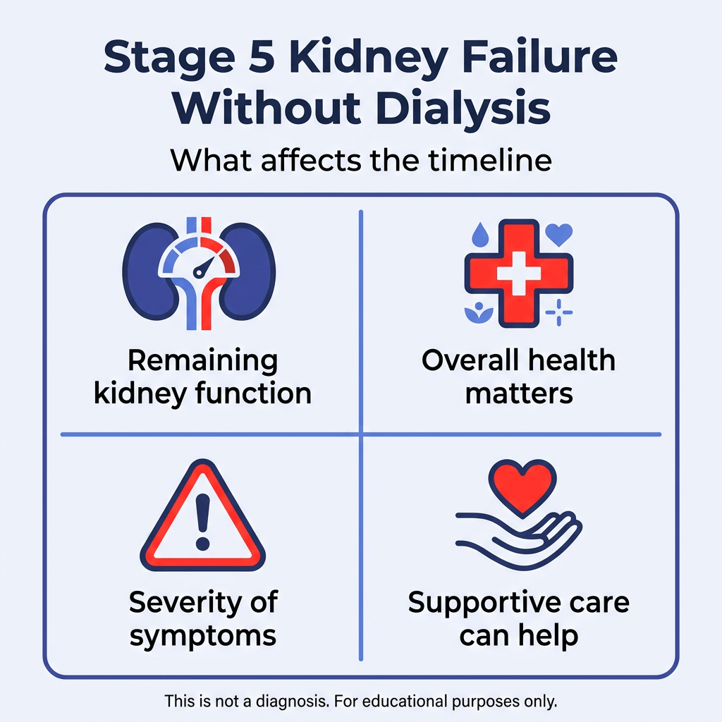 Stage 5 Kidney Failure Life Expectancy Without Dialysis 2 Infographic titled “Stage 5 Kidney Failure Without Dialysis: What affects the timeline.” A four-panel grid explains factors that influence progression and care: remaining kidney function, overall health, severity of symptoms, and supportive care can help. Small text at the bottom says, “This is not a diagnosis. For educational purposes only.”