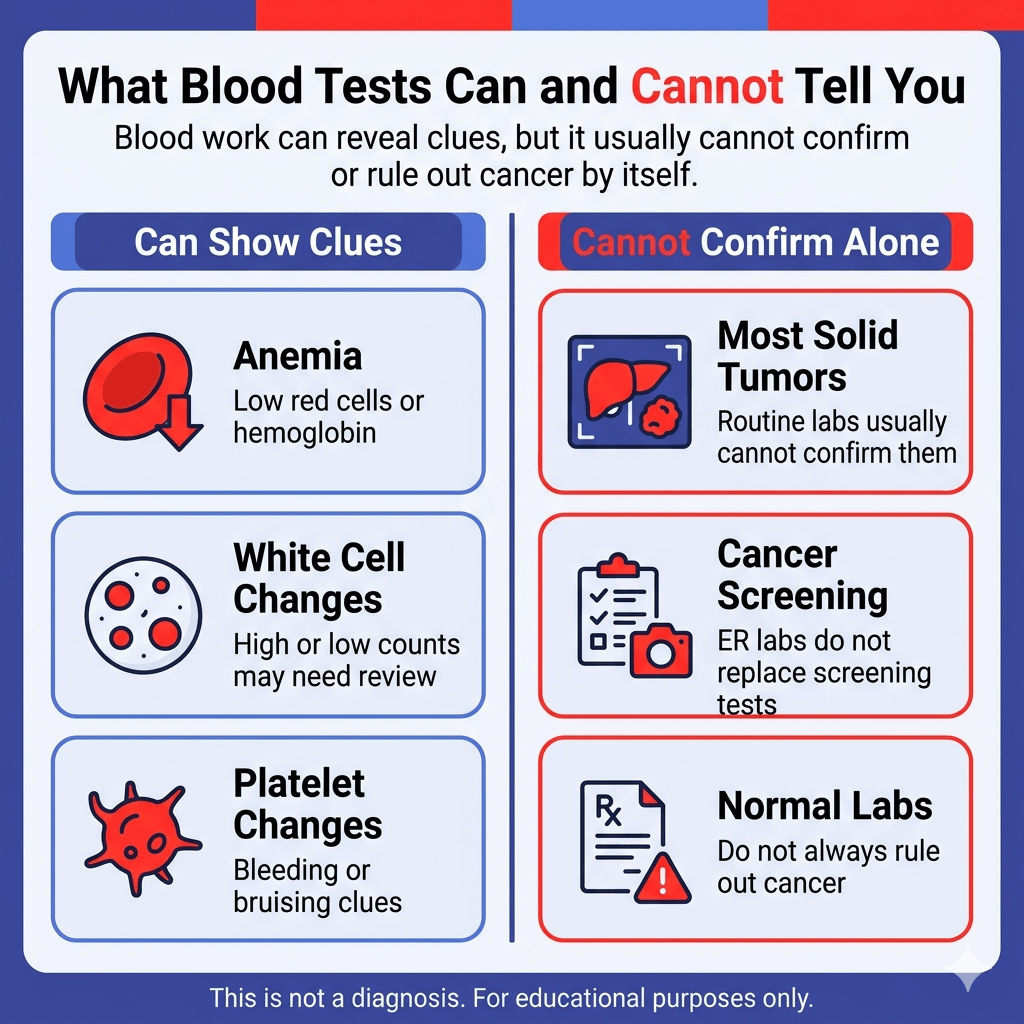 Can Blood Tests Show Cancer? What CBC and ER Lab Results Can and Cannot Tell You 2 Blood tests and cancer clues, showing anemia, white cell changes, and platelet changes, while noting labs cannot confirm cancer alone.