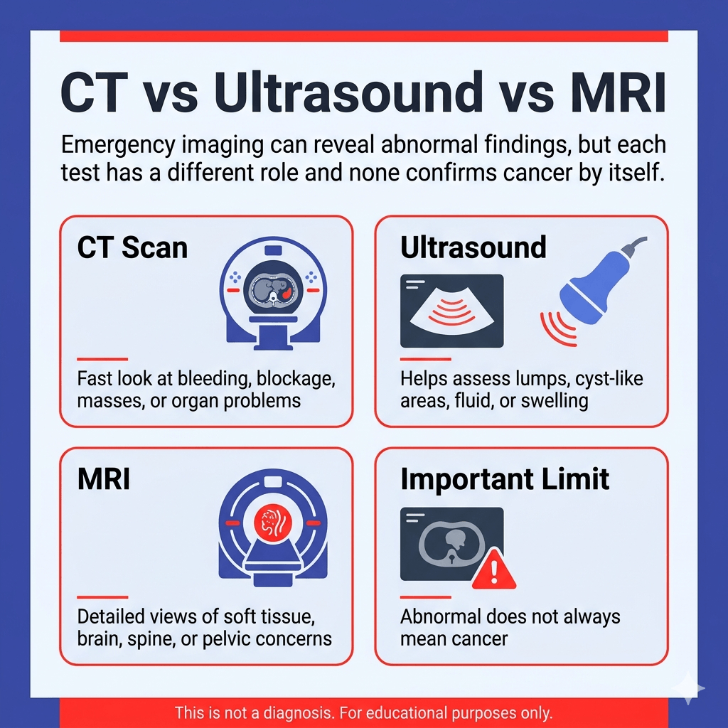 Can an ER CT Scan, Ultrasound, or MRI Find Cancer? What Imaging Can and Cannot Show 2 CT scan, ultrasound, and MRI comparison for ER imaging, showing how each test can find abnormal findings but cannot confirm cancer alone.