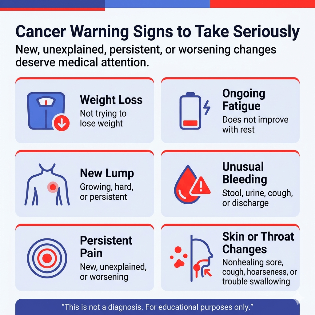 Cancer Warning Signs That Should Not Be Ignored: When to Seek Medical Care 2 Cancer warning signs to take seriously, including unexplained weight loss, ongoing fatigue, new lump, unusual bleeding, persistent pain, and skin or throat changes.