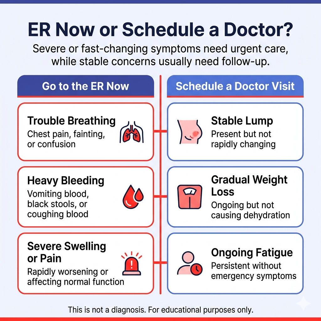 Cancer Warning Signs That Should Not Be Ignored: When to Seek Medical Care 3 ER vs doctor visit guidance for cancer warning signs, including trouble breathing, heavy bleeding, severe swelling, stable lumps, weight loss, and fatigue.