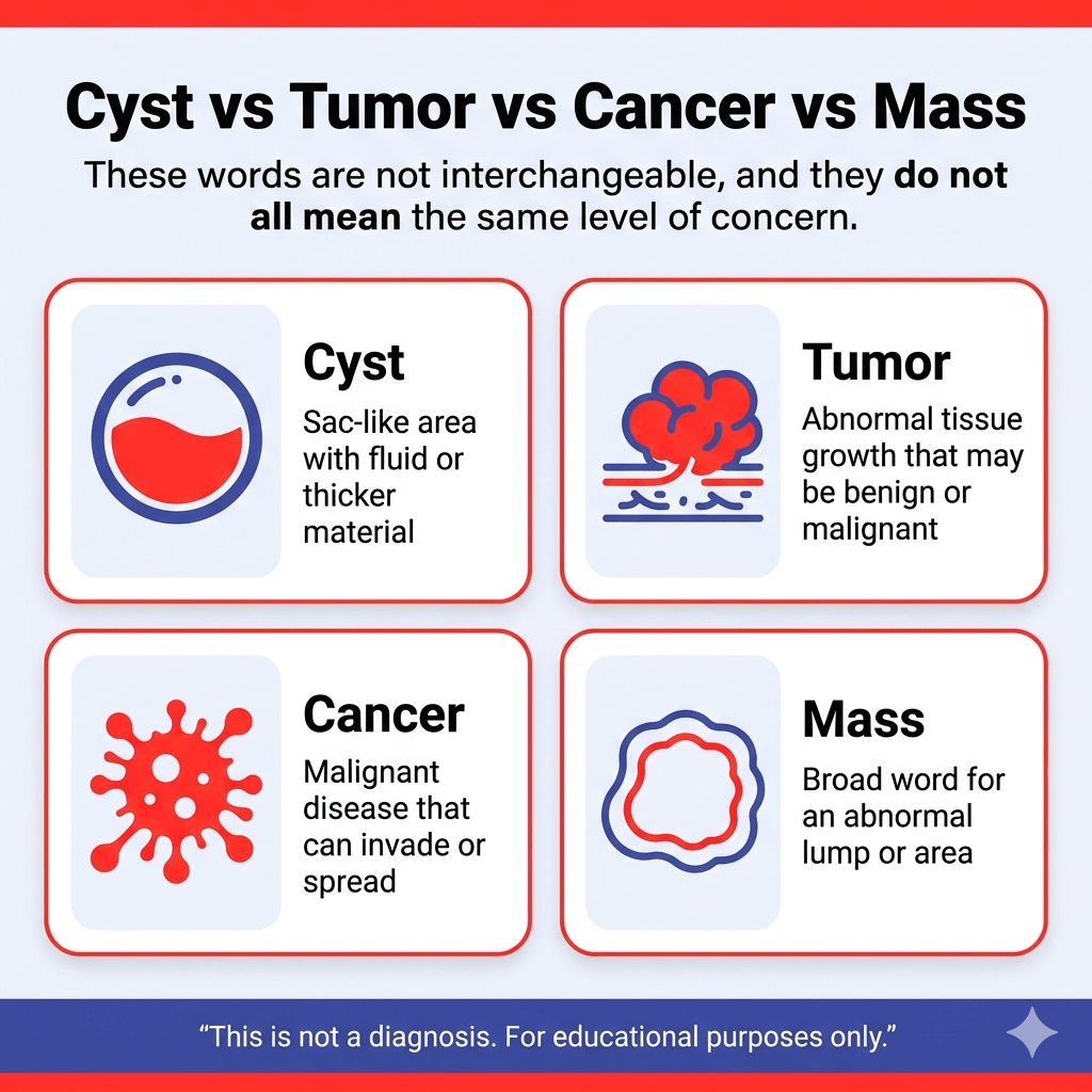 Cyst vs Tumor vs Cancer: What These Terms Mean When You Find a Lump 2 Cyst vs tumor vs cancer vs mass comparison, explaining cysts, tumors, cancer, and masses as different medical terms with different levels of concern.