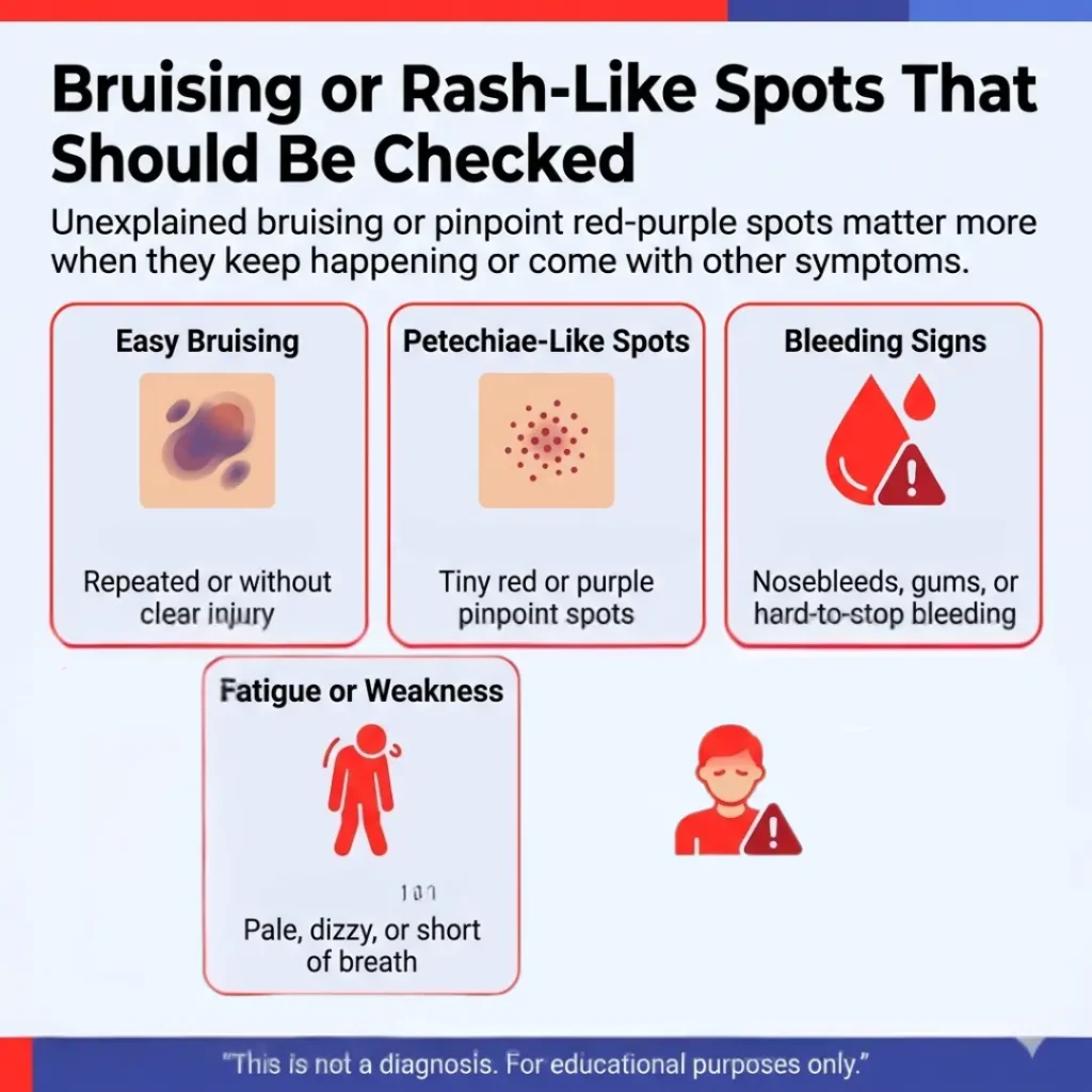 Leukemia Symptoms and Bruising/Rash: When Blood Counts Need Urgent Evaluation 2 Unexplained bruising and petechiae-like rash warning signs, including easy bruising, bleeding, fatigue, weakness, dizziness, and shortness of breath.