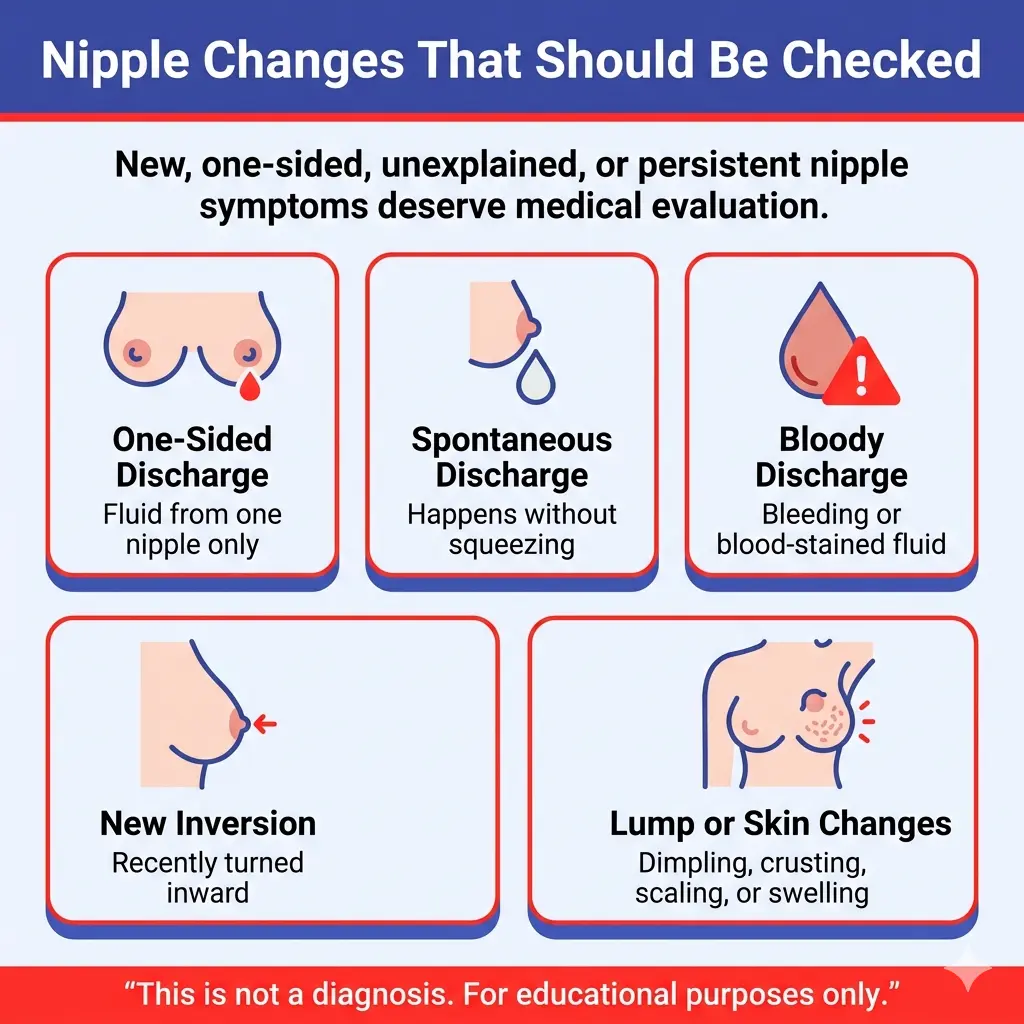 Nipple Discharge, Bleeding, or Inversion: Breast Warning Signs That Need Medical Attention 2 Nipple changes needing medical evaluation, including one-sided discharge, spontaneous discharge, bloody discharge, new nipple inversion, breast lump, and skin changes.