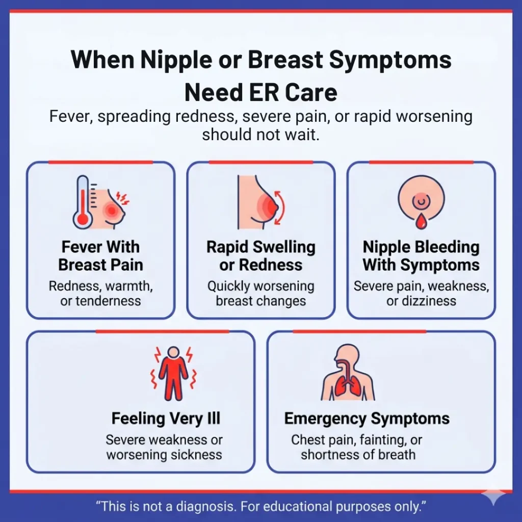 Nipple Discharge, Bleeding, or Inversion: Breast Warning Signs That Need Medical Attention 3 Nipple and breast symptoms needing ER care, including fever with breast pain, rapid swelling, nipple bleeding, weakness, chest pain, and shortness of breath.