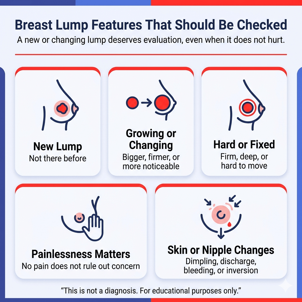 What Does a Breast Cancer Lump Feel Like? When a Breast Lump Needs Evaluation 2 Breast lump features that should be checked, including a new lump, growing or changing lump, hard or fixed lump, painless lump, and nipple or skin changes.
