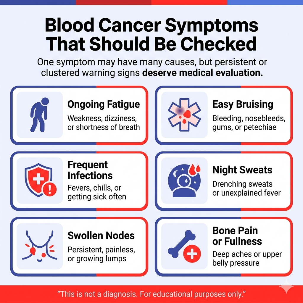 Blood Cancer Symptoms: Fatigue, Bruising, Night Sweats, Swollen Nodes, and ER Red Flags 2 Blood cancer symptoms that should be checked, including fatigue, easy bruising, infections, night sweats, swollen lymph nodes, and bone pain.