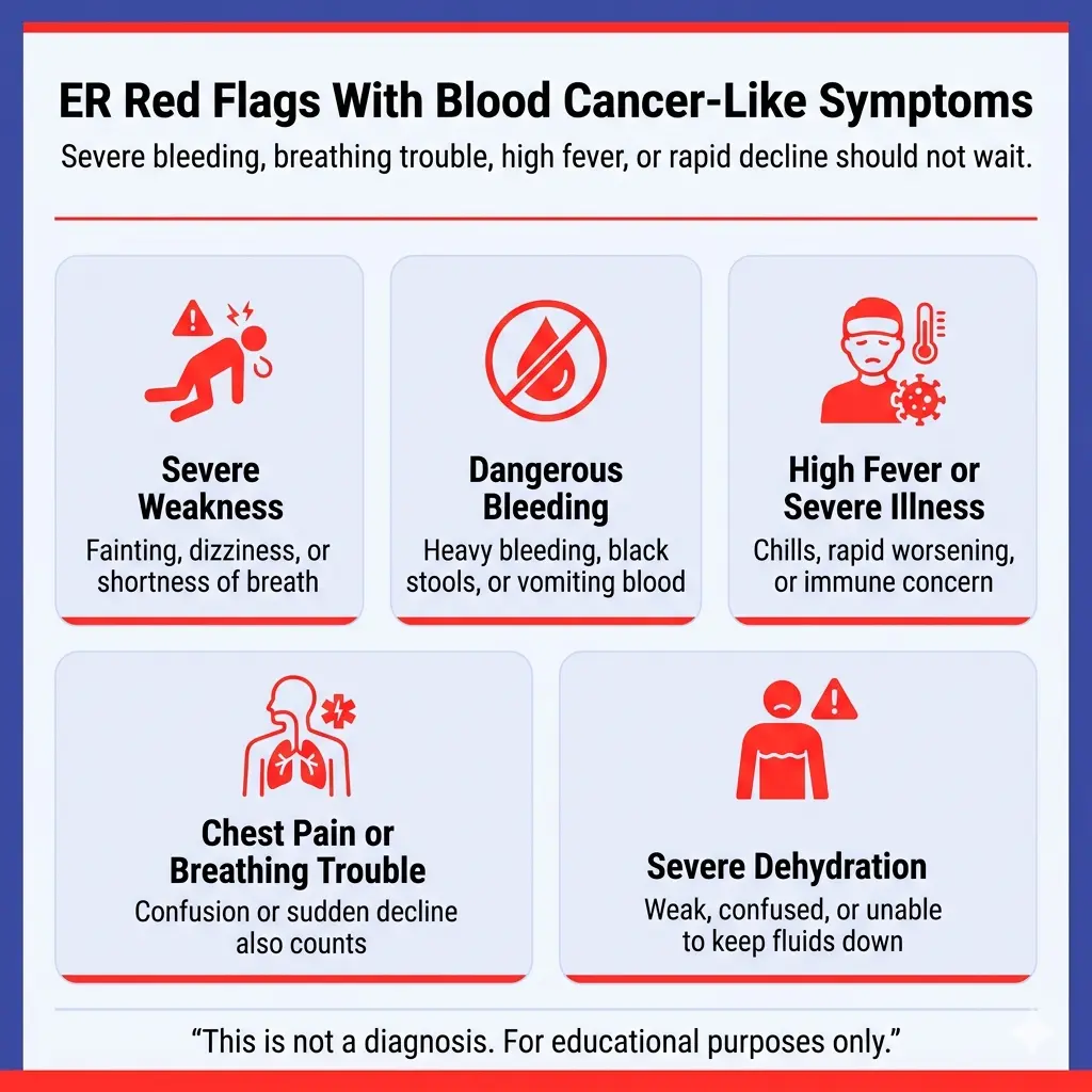 Blood Cancer Symptoms: Fatigue, Bruising, Night Sweats, Swollen Nodes, and ER Red Flags 3 Blood cancer-like symptoms ER red flags, including severe weakness, dangerous bleeding, high fever, chest pain, breathing trouble, and severe dehydration.