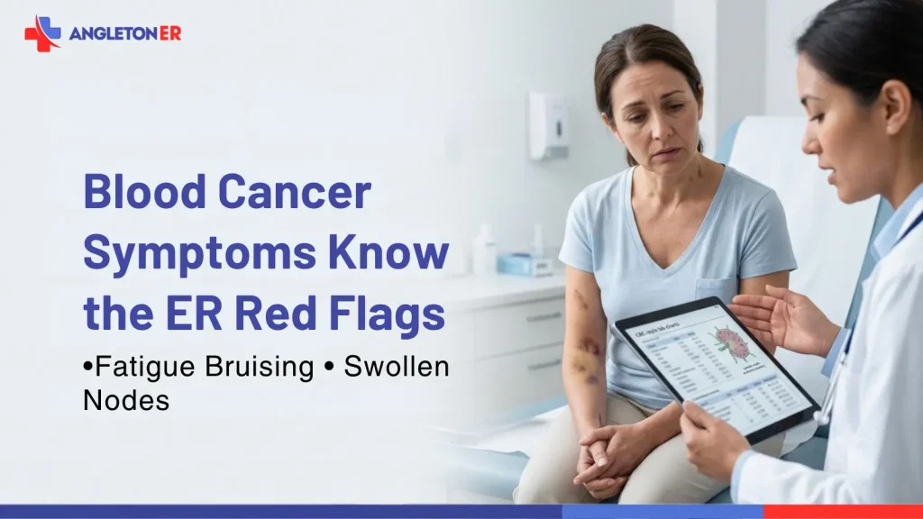 Doctor discusses blood cancer symptoms and ER red flags like fatigue, bruising, and swollen lymph nodes with a patient at Angleton ER.