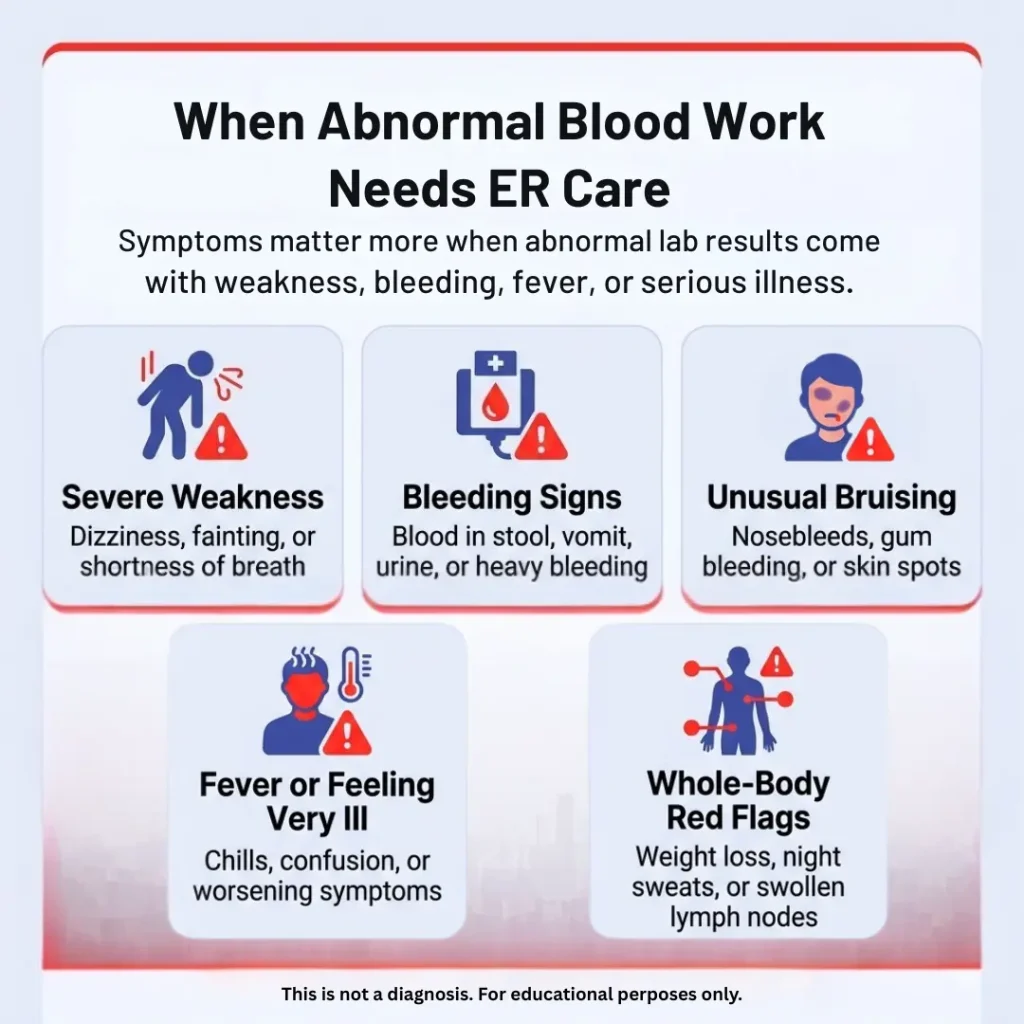 Can Blood Tests Show Cancer? What CBC and ER Lab Results Can and Cannot Tell You 3 Abnormal blood work ER warning signs, including severe weakness, bleeding, bruising, fever, weight loss, night sweats, and swollen lymph nodes.