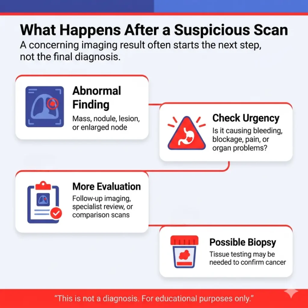 Can an ER CT Scan, Ultrasound, or MRI Find Cancer? What Imaging Can and Cannot Show 3 Suspicious imaging scan next steps, including abnormal findings, urgency check, follow-up evaluation, and possible biopsy for cancer confirmation.
