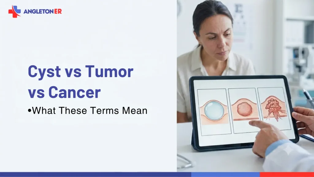 Doctor explains cyst vs tumor vs cancer differences to a patient using a medical tablet at Angleton ER.