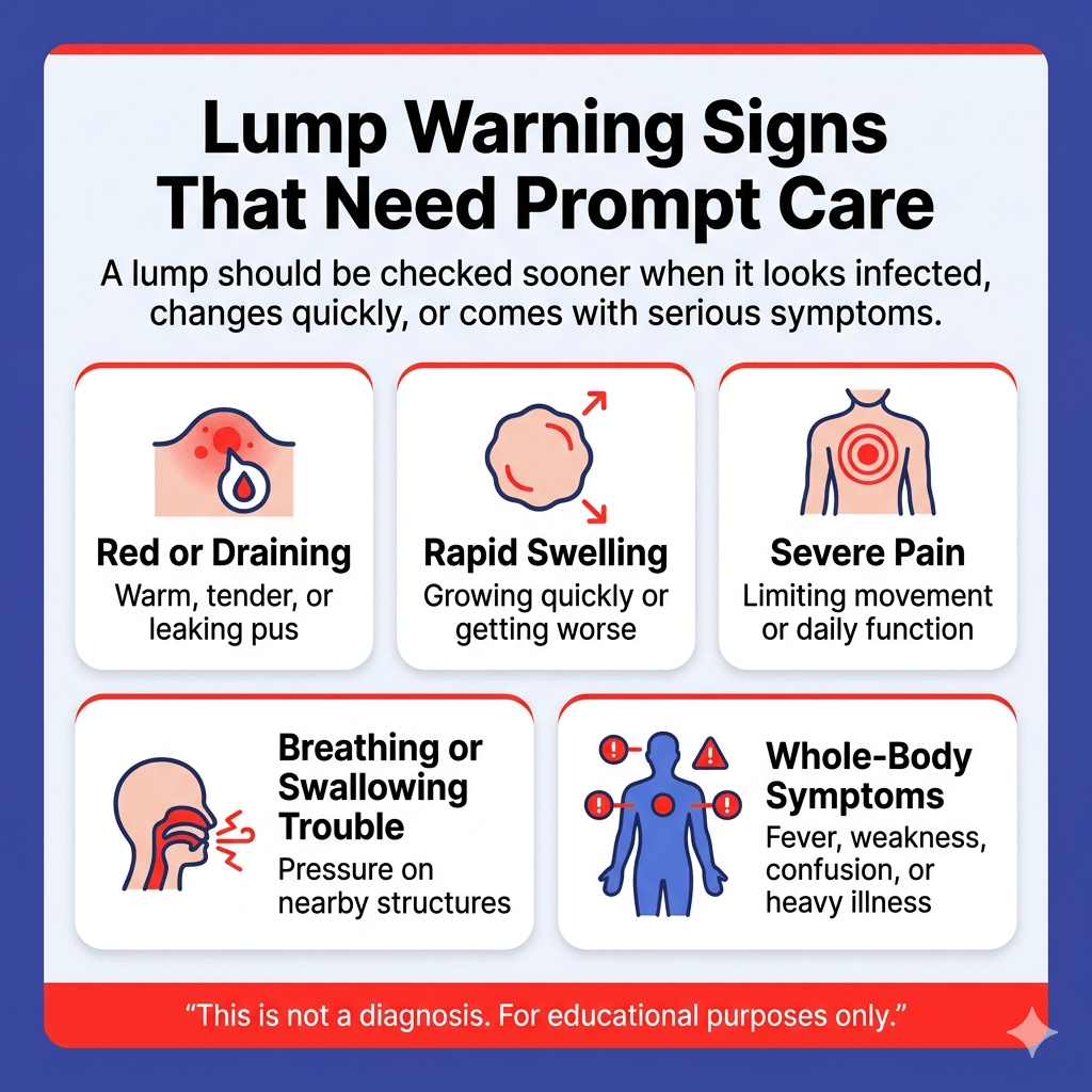 Cyst vs Tumor vs Cancer: What These Terms Mean When You Find a Lump 3 Lump warning signs needing prompt care, including red or draining lump, rapid swelling, severe pain, breathing trouble, and whole-body symptoms.