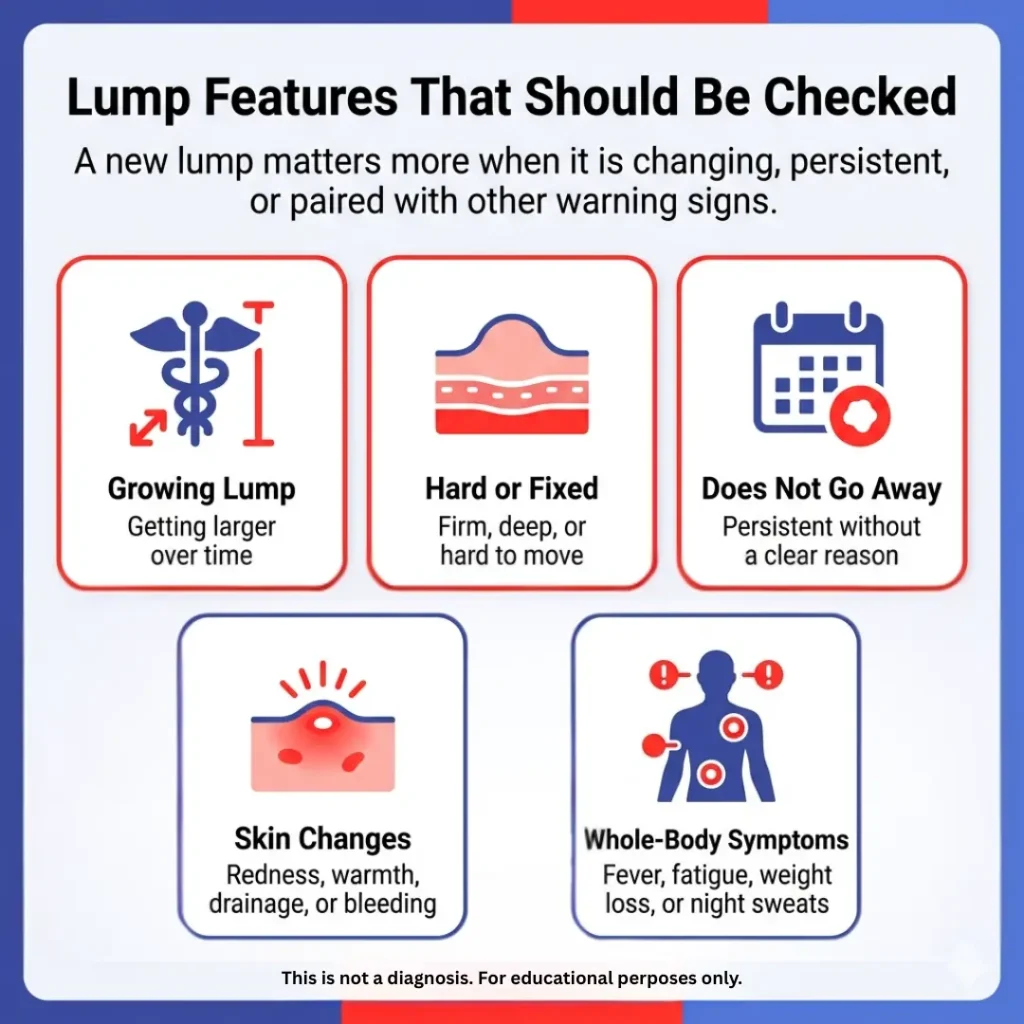 Hard Lump Under the Skin: When a New Lump Should Be Checked 2 Hard lump under the skin warning signs, including growing lump, fixed lump, skin changes, and whole-body symptoms.