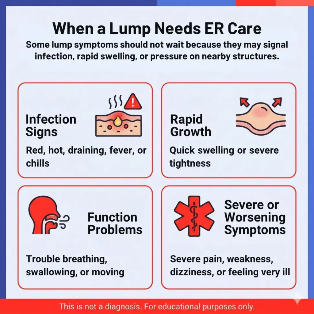 Hard Lump Under the Skin: When a New Lump Should Be Checked 3 Hard lump under the skin ER warning signs, including infection, rapid swelling, breathing or swallowing trouble, severe pain, weakness, and dizziness.