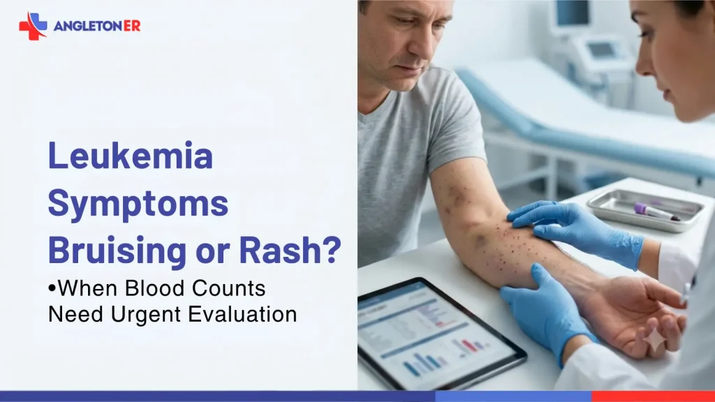 Leukemia Symptoms and Bruising/Rash: When Blood Counts Need Urgent Evaluation 1 Doctor examines bruising and rash on a patient’s arm at Angleton ER while evaluating possible leukemia symptoms and urgent blood count concerns.