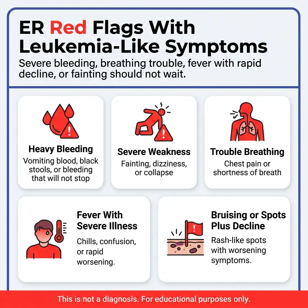 Leukemia Symptoms and Bruising/Rash: When Blood Counts Need Urgent Evaluation 3 Leukemia-like symptoms ER red flags, including heavy bleeding, severe weakness, trouble breathing, fever, bruising, rash-like spots, and rapid decline.