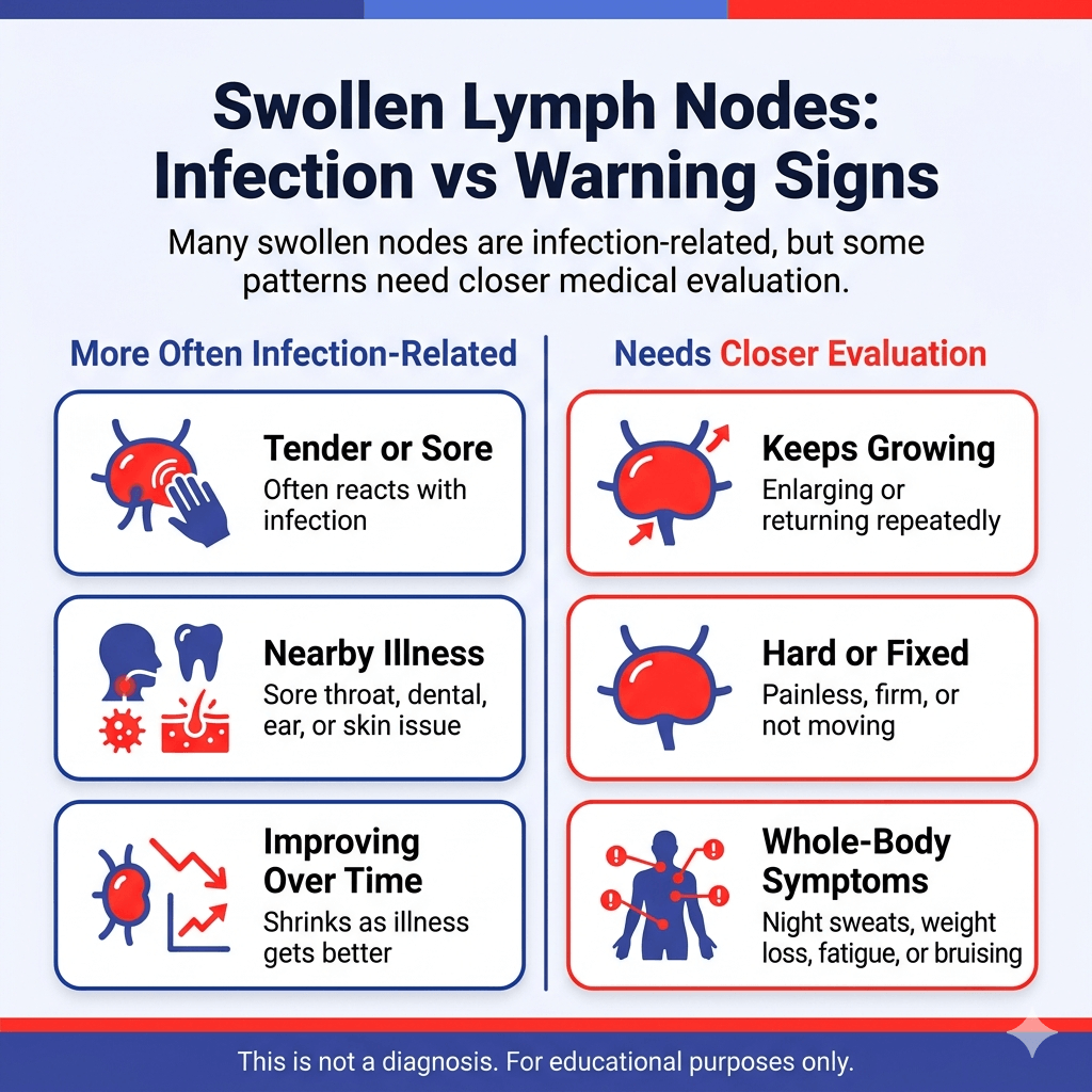 Swollen Lymph Nodes: Infection vs Cancer Warning Signs and When to Seek Care 2 Swollen lymph nodes warning signs, comparing infection-related tender nodes with growing, hard, fixed nodes and whole-body symptoms needing evaluation.