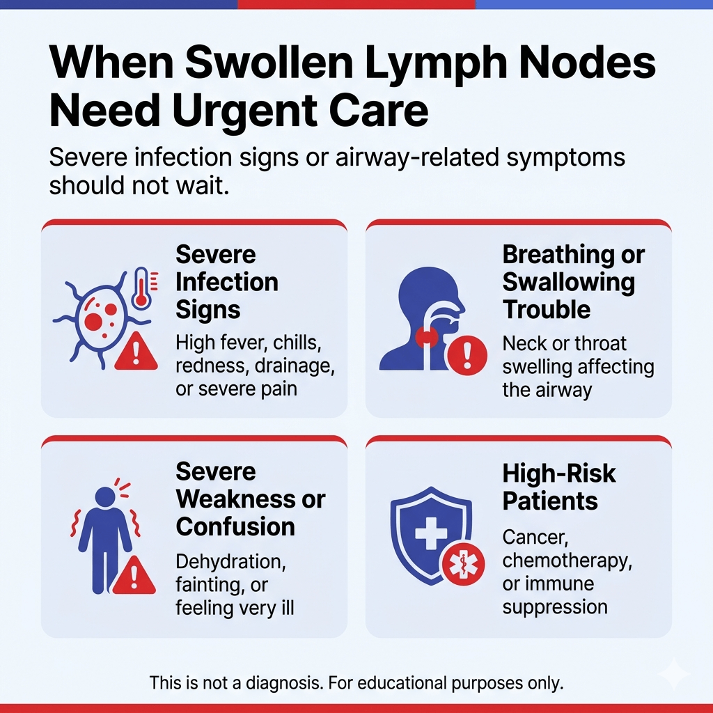 Swollen Lymph Nodes: Infection vs Cancer Warning Signs and When to Seek Care 3 Swollen lymph nodes urgent care warning signs, including severe infection, breathing or swallowing trouble, weakness, confusion, and immune suppression risks.
