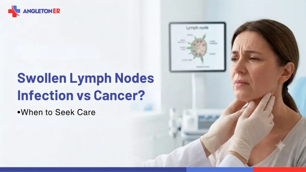 Doctor examines a patient’s swollen lymph nodes at Angleton ER to evaluate possible infection or cancer warning signs.