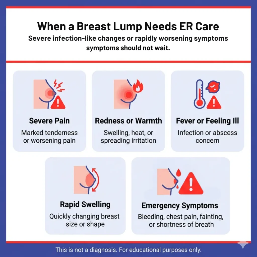 What Does a Breast Cancer Lump Feel Like? When a Breast Lump Needs Evaluation 3 Breast lump ER warning signs, including severe pain, redness, warmth, fever, rapid swelling, bleeding, chest pain, and shortness of breath.