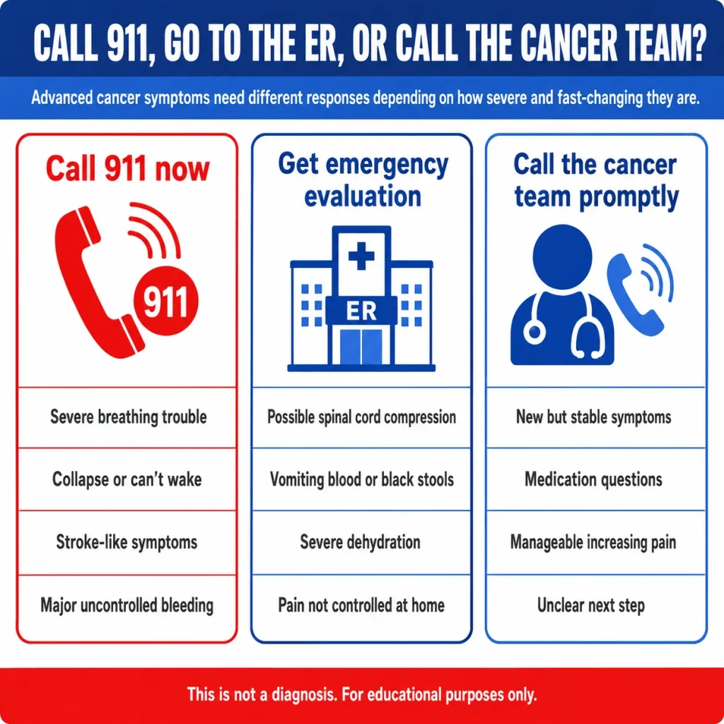 Advanced Cancer Complications: Urgent Symptoms That Should Not Wait 3 Advanced cancer symptom guide explaining when to call 911, seek ER evaluation, or contact the cancer team for breathing trouble, collapse, stroke-like symptoms, uncontrolled bleeding, spinal cord compression, vomiting blood, severe dehydration, or worsening pain.