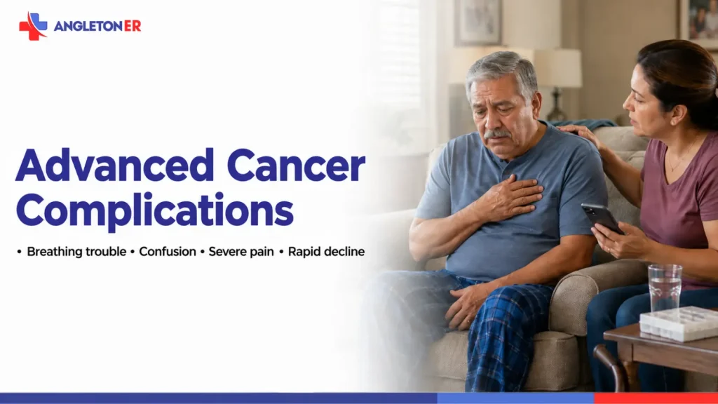 Advanced Cancer Complications: Urgent Symptoms That Should Not Wait 1 Advanced cancer complications featured image showing an older man with breathing trouble being supported by a caregiver, highlighting confusion, severe pain, and rapid decline.